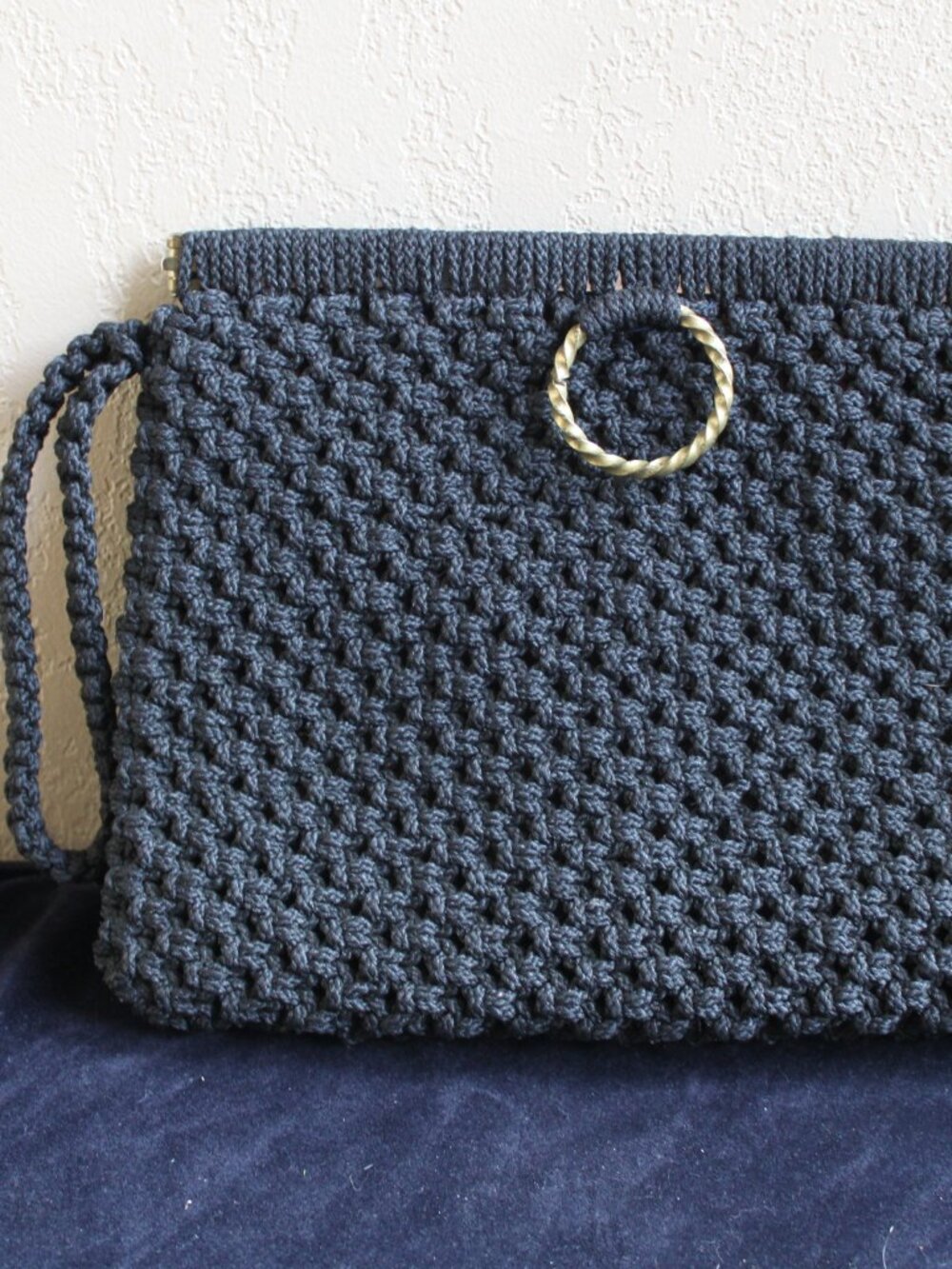 Vintage 60's Black Crochet Knoted Handbag Purse with Wrist strap Brass Ring